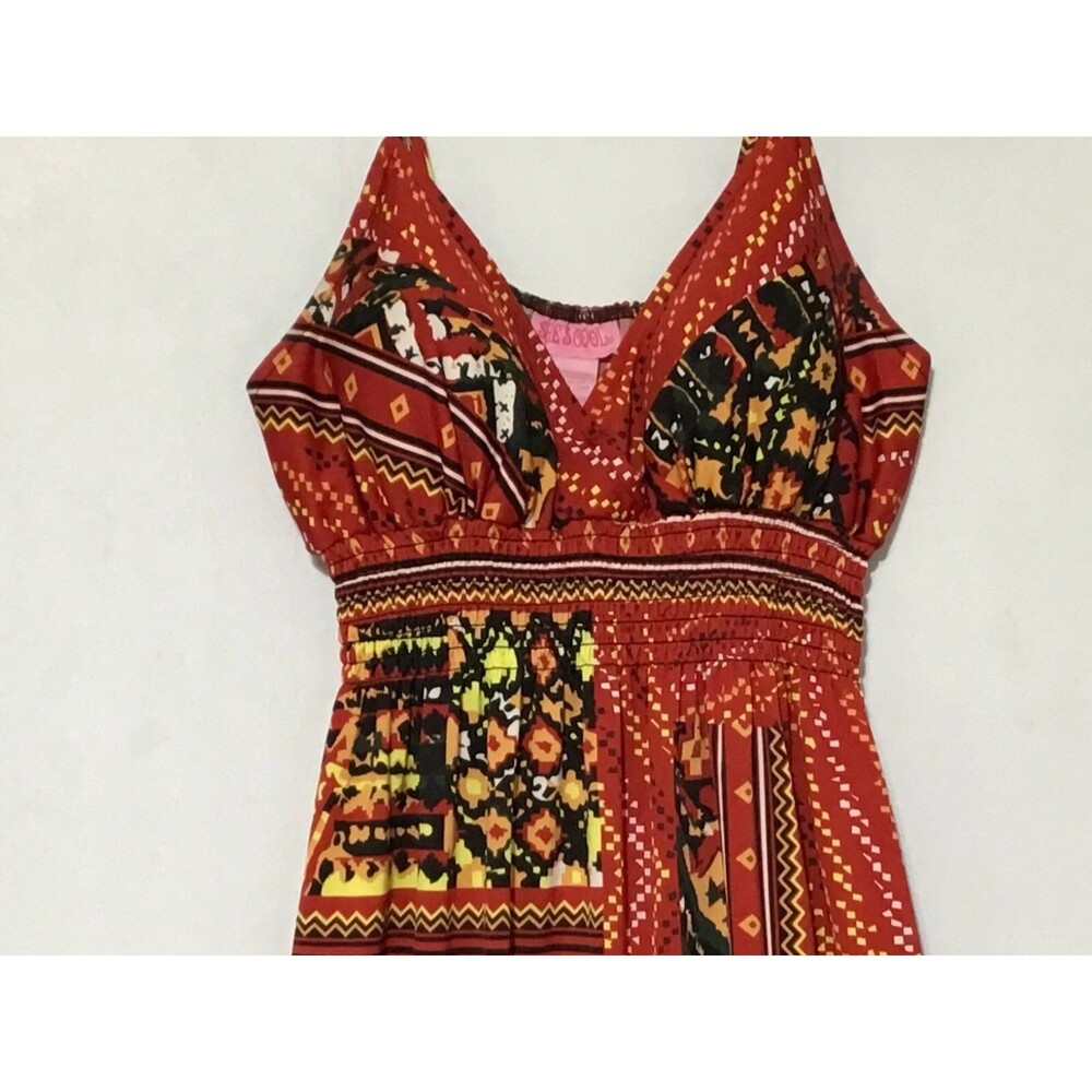 She's Cool Maxi Babydoll Dress Womens Small Abstract Artsy Vibrant Smocked Batik - Picture 5 of 13